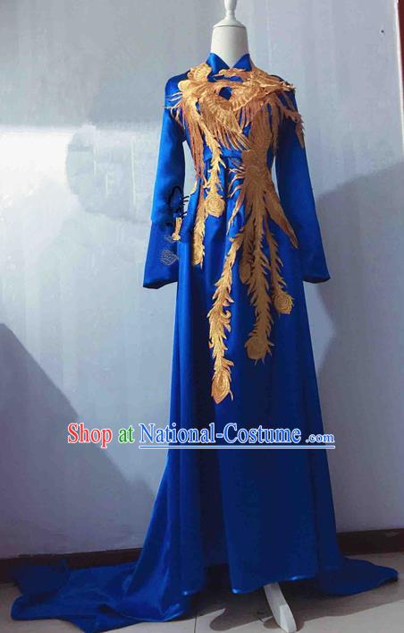 Traditional Chinese Modern Fancywork Costume National Embroidered Phoenix Blue Qipao Dress for Women