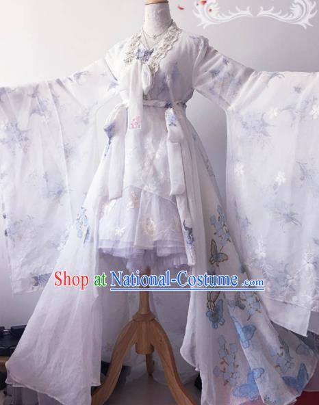 Traditional Halloween Cosplay Peri Costume Ancient Princess White Hanfu Dress for Women