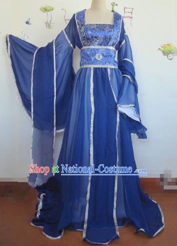 Chinese Traditional Cosplay Apsaras Costume Ancient Tang Dynasty Imperial Consort Royalblue Hanfu Dress for Women