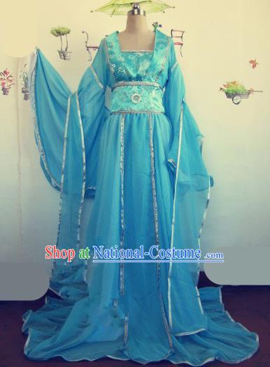 Chinese Traditional Cosplay Apsaras Costume Ancient Tang Dynasty Imperial Consort Blue Hanfu Dress for Women