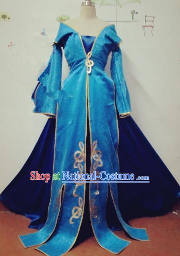 Chinese Traditional Cosplay Apsaras Costume Ancient Tang Dynasty Princess Blue Hanfu Dress for Women