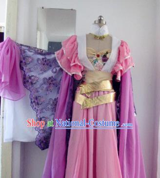 Chinese Traditional Cosplay Swordswoman Costume Ancient Peri Princess Pink Hanfu Dress for Women