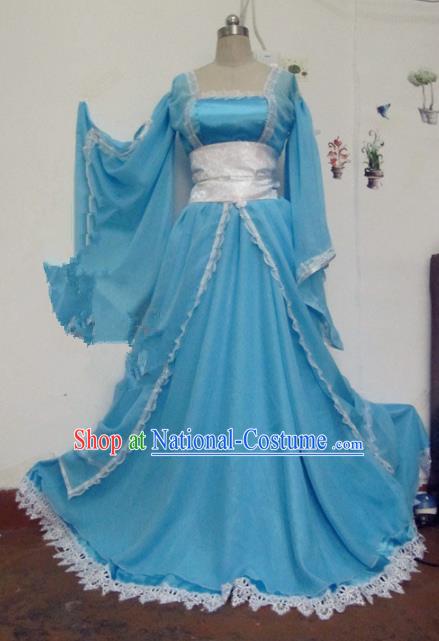 Chinese Traditional Cosplay Tang Dynasty Princess Costume Ancient Peri Blue Hanfu Dress for Women