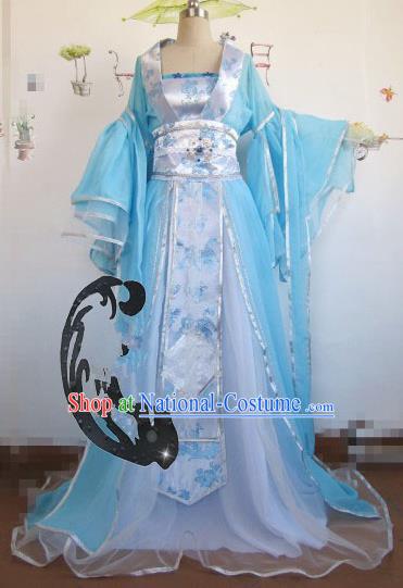 Chinese Traditional Cosplay Princess Blue Costume Ancient Peri Palace Lady Hanfu Dress for Women