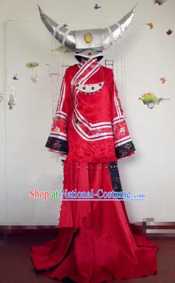 Chinese Traditional Miao Nationality Bride Costume Ancient Princess Hanfu Dress for Women