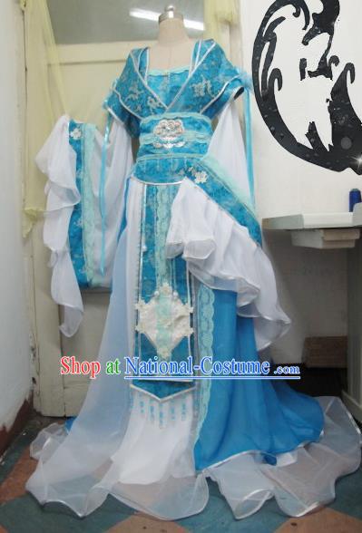 Chinese Traditional Tang Dynasty Court Queen Costume Ancient Peri Blue Hanfu Dress for Women