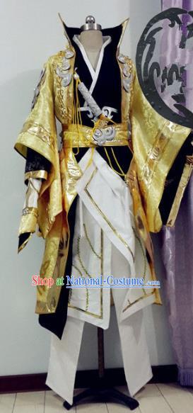 Chinese Traditional Cosplay Royal Highness Golden Costume Ancient Swordsman Hanfu Clothing for Men