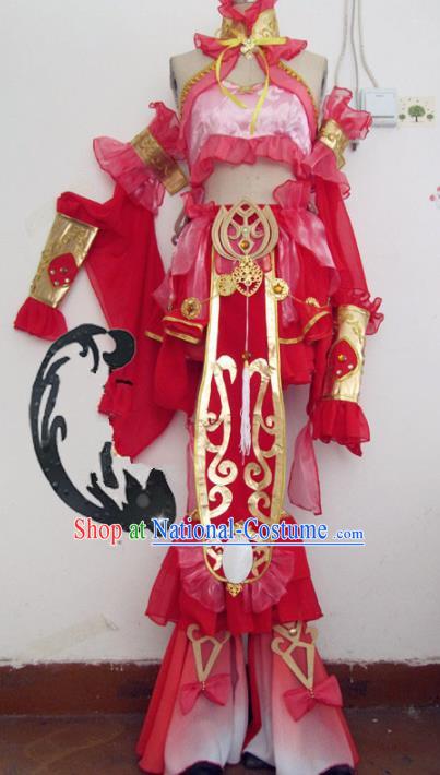 Chinese Traditional Cosplay Fairy Costume Ancient Peri Swordswoman Rosy Hanfu Dress for Women