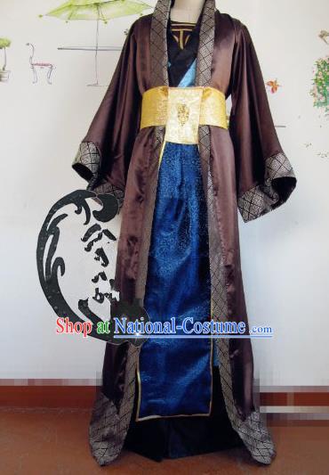 Chinese Traditional Cosplay Nobility Childe Brown Costume Ancient Swordsman Hanfu Clothing for Men