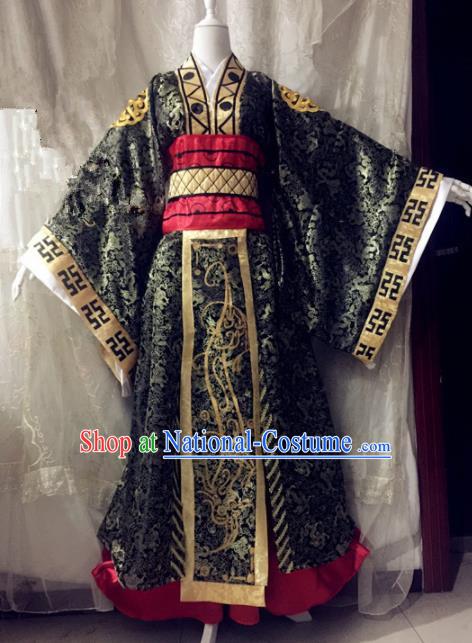 Chinese Traditional Cosplay First Emperor Black Costume Ancient Swordsman Hanfu Clothing for Men