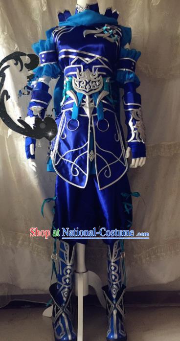 Chinese Traditional Cosplay General Blue Armour Costume Ancient Swordsman Hanfu Clothing for Men