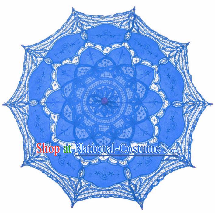 Chinese Traditional Photography Prop Deep Blue Lace Umbrella Handmade Umbrellas