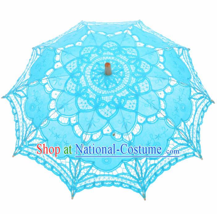 Chinese Traditional Photography Prop Blue Lace Umbrella Handmade Umbrellas