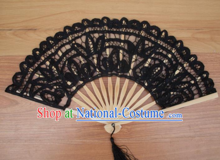 Chinese Traditional Black Lace Fans Handmade Folding Fan