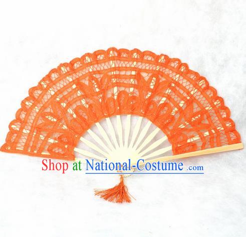 Chinese Traditional Orange Lace Fans Handmade Folding Fan