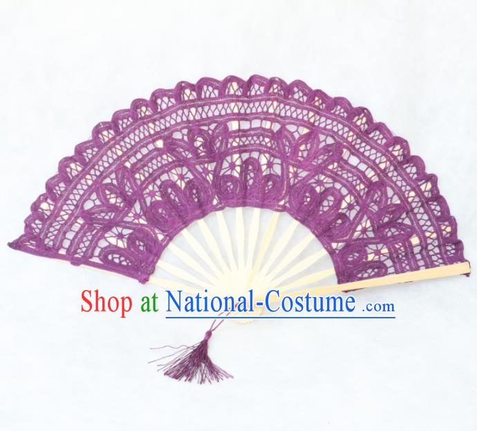 Chinese Traditional Purple Lace Fans Handmade Folding Fan