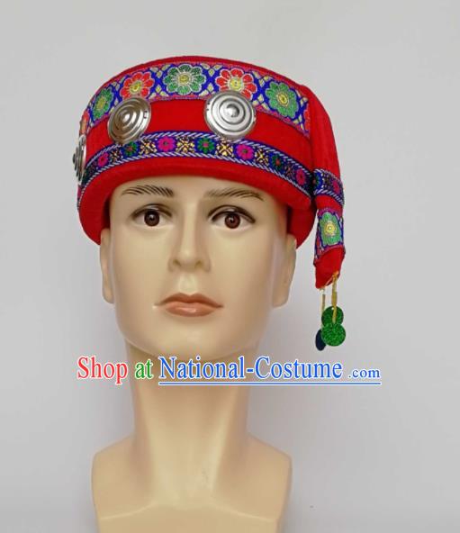 Chinese Traditional Ethnic Headwear Yao Nationality Bridegroom Red Hat for Men