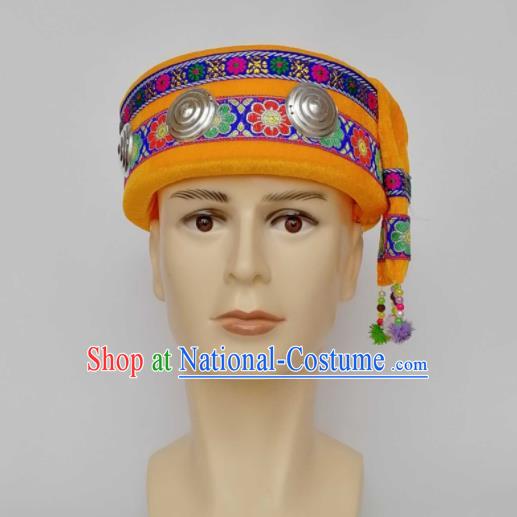 Chinese Traditional Ethnic Headwear Yao Nationality Bridegroom Yellow Hat for Men