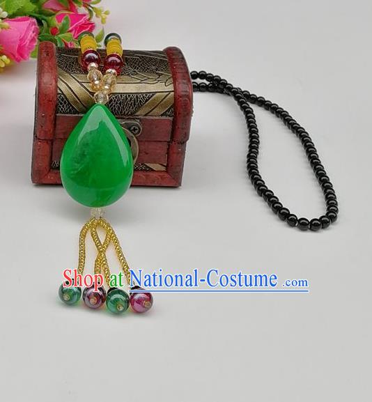 Chinese Traditional Ethnic Jewelry Accessories Green Stone Tassel Necklace for Women