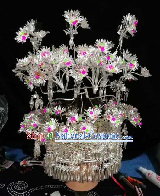 Chinese Traditional Ethnic Headwear Miao Nationality Bride Wedding Sliver Phoenix Coronet for Women