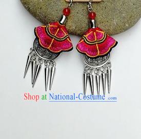 Chinese Traditional Ethnic Jewelry Accessories Miao Nationality Embroidered Rosy Earrings for Women