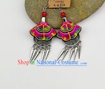 Chinese Traditional Ethnic Jewelry Accessories Miao Nationality Embroidered Pink Earrings for Women