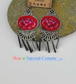 Chinese Traditional Ethnic Jewelry Accessories Miao Nationality Embroidered Peony Red Earrings for Women