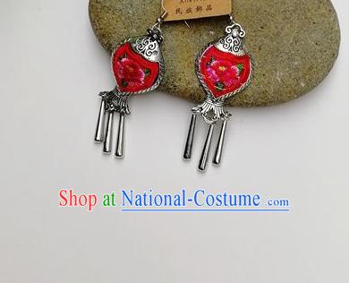 Chinese Traditional Ethnic Jewelry Accessories Miao Nationality Embroidered Flower Red Earrings for Women