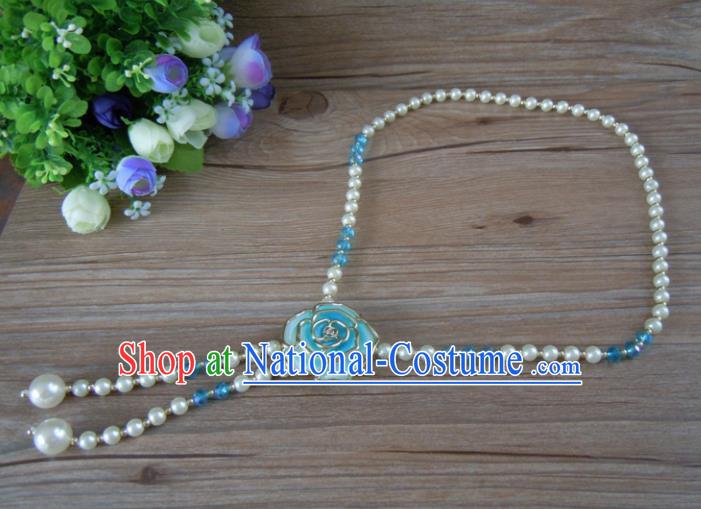 Chinese Traditional Ethnic Jewelry Accessories Blue Rose Tassel Necklace for Women