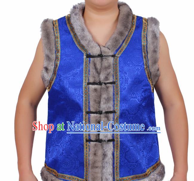 Chinese Traditional Ethnic Costumes Mongol Nationality Royalblue Brocade Waistcoat Vest for Men