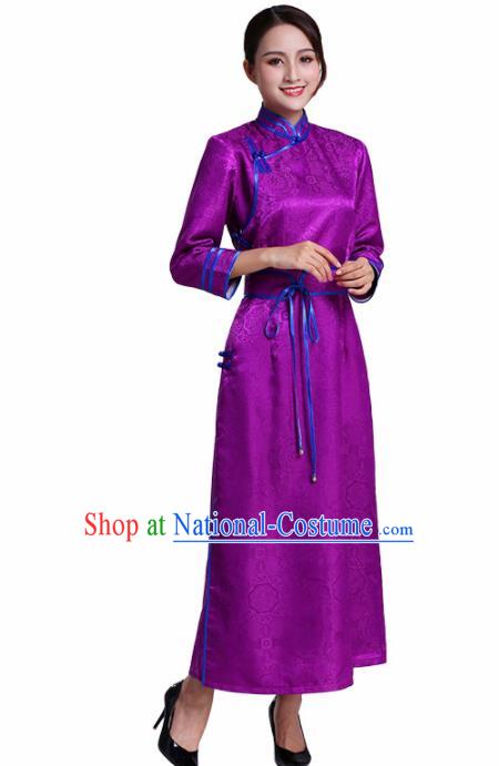 Chinese Traditional Mongolian Ethnic Costumes Mongol Nationality Purple Dress for Women