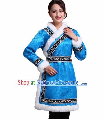 Chinese Traditional Mongolian Ethnic Winter Costumes Mongol Nationality Blue Dress for Women