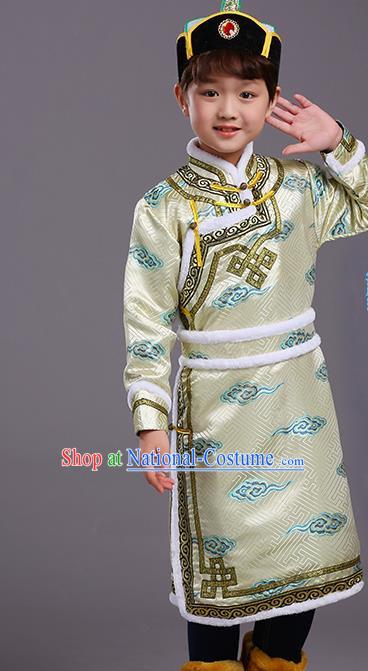 Chinese Traditional Ethnic Children Costumes Mongol Nationality Golden Brocade Robe for Kids