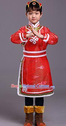 Chinese Traditional Ethnic Children Costumes Mongol Nationality Red Brocade Robe for Kids