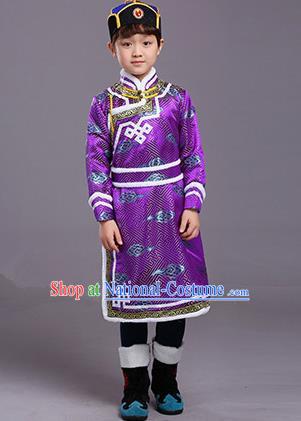 Chinese Traditional Ethnic Children Costumes Mongol Nationality Purple Brocade Robe for Kids