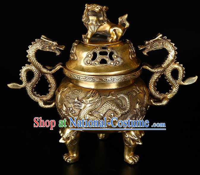 Chinese Traditional Taoism Bagua Brass Lion Dragons Incense Burner Feng Shui Items Censer Decoration