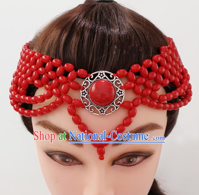 Chinese Traditional Mongolian Ethnic Hair Accessories Mongol Nationality Red Beads Hair Clasp for Women