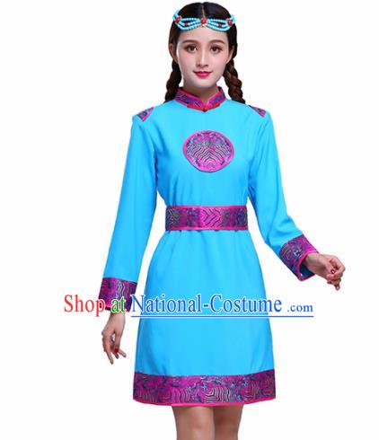 Chinese Traditional Mongolian Ethnic Female Costumes Mongol Nationality Blue Dress for Women