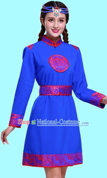 Chinese Traditional Mongolian Ethnic Female Costumes Mongol Nationality Royalblue Dress for Women