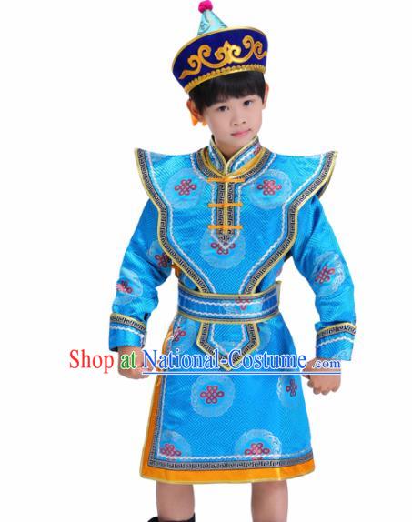 Chinese Traditional Ethnic Children Costumes Mongol Nationality Prince Blue Brocade Robe for Kids