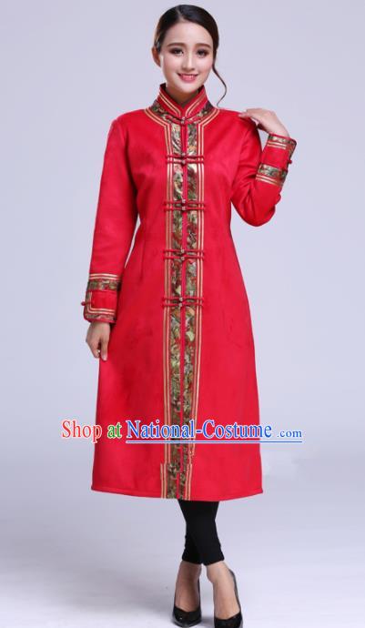 Chinese Traditional Mongolian Outwear Ethnic Costumes Mongol Nationality Red Dust Coat for Women