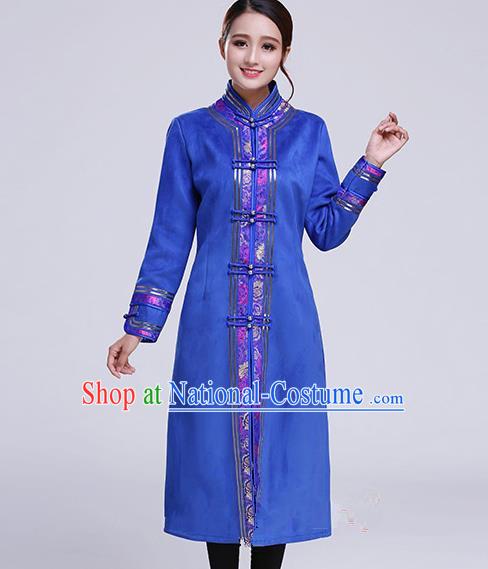 Chinese Traditional Mongolian Outwear Ethnic Costumes Mongol Nationality Royalblue Dust Coat for Women