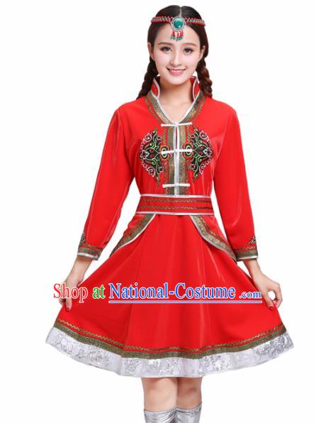 Chinese Traditional Mongolian Ethnic Red Short Dress Mongol Nationality Costumes for Women