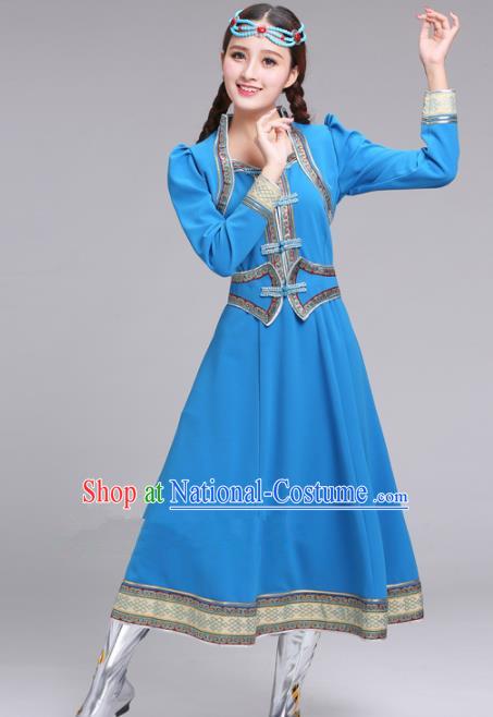 Chinese Traditional Mongolian Ethnic Blue Dress Mongol Nationality Costumes for Women