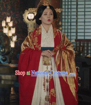 The Lengend of Haolan Chinese Ancient Warring States Period Queen Embroidered Historical Costume and Headpiece for Women