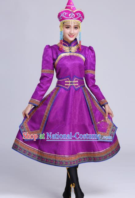 Chinese Traditional Mongolian Ethnic Folk Dance Purple Dress Mongol Nationality Costumes for Women