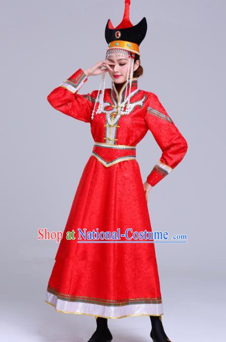 Chinese Traditional Mongolian Ethnic Red Dress Mongol Nationality Folk Dance Costumes for Women