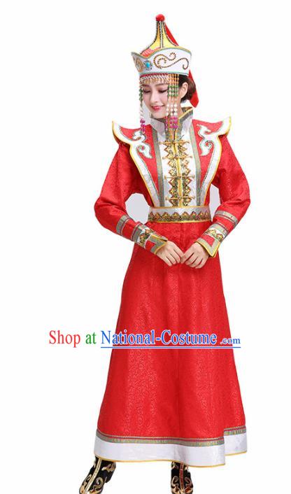 Chinese Traditional Mongolian Ethnic Bride Red Dress Mongol Nationality Folk Dance Costumes for Women