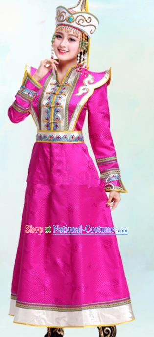 Chinese Traditional Mongolian Ethnic Bride Rosy Dress Mongol Nationality Folk Dance Costumes for Women