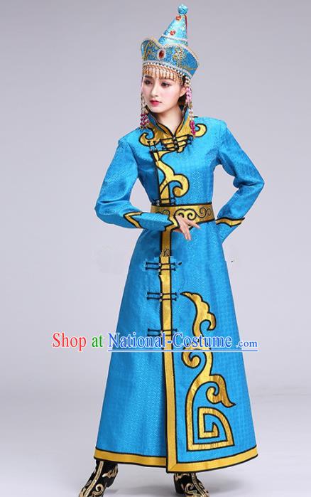 Chinese Traditional Mongolian Ethnic Princess Blue Dress Mongol Nationality Folk Dance Costumes for Women